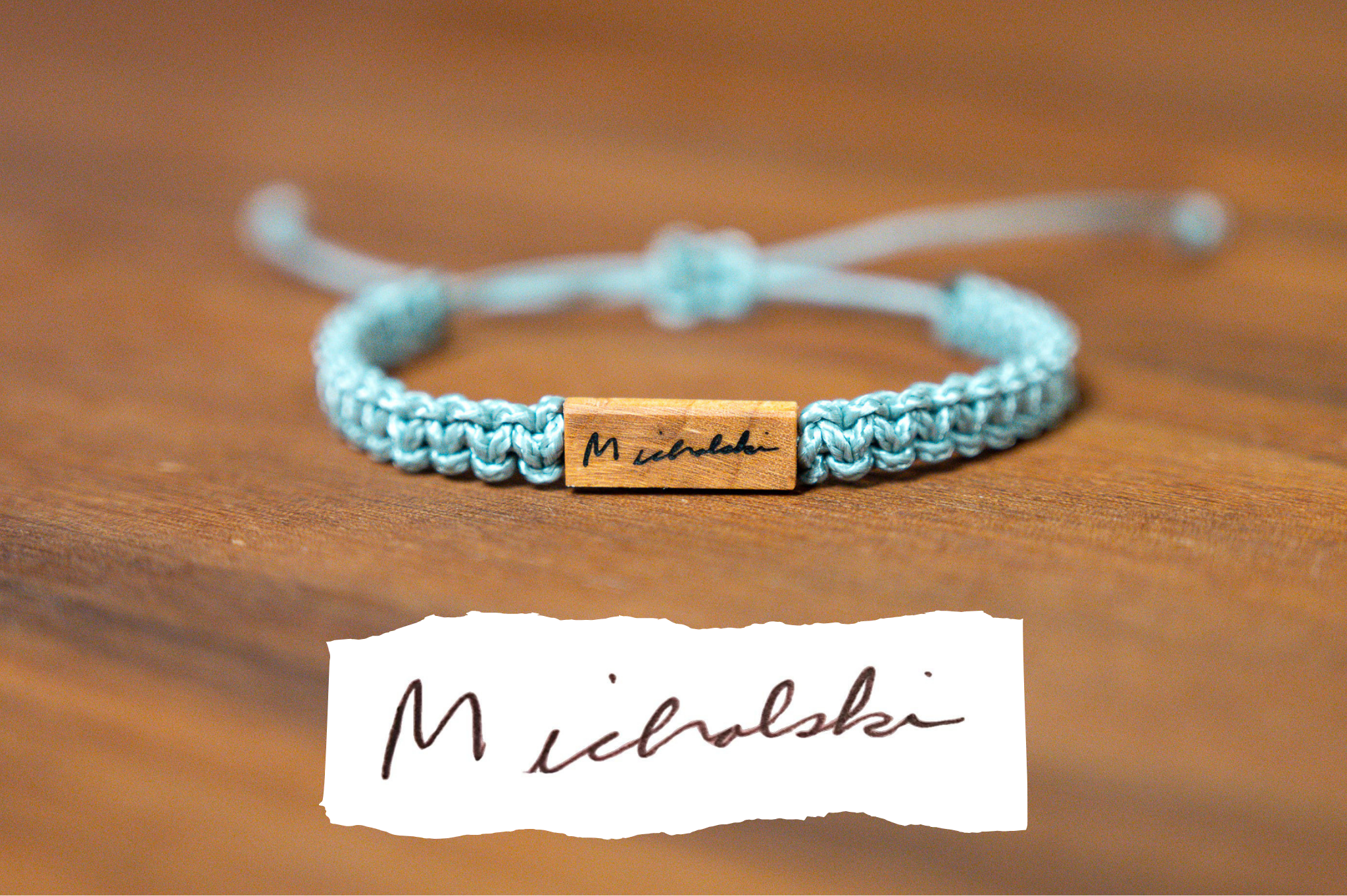 Loved One's Handwriting Wood & Macramé Bracelet