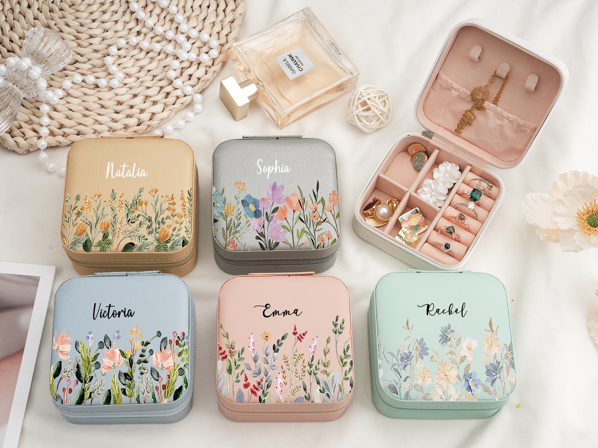 Personalized Floral Leather Travel Jewelry Box