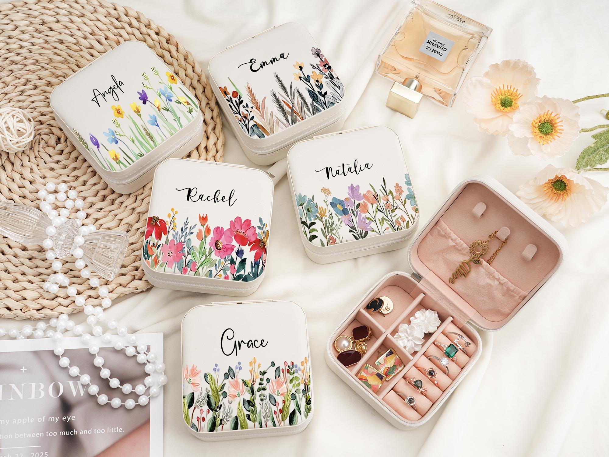 Personalized Floral Leather Travel Jewelry Box