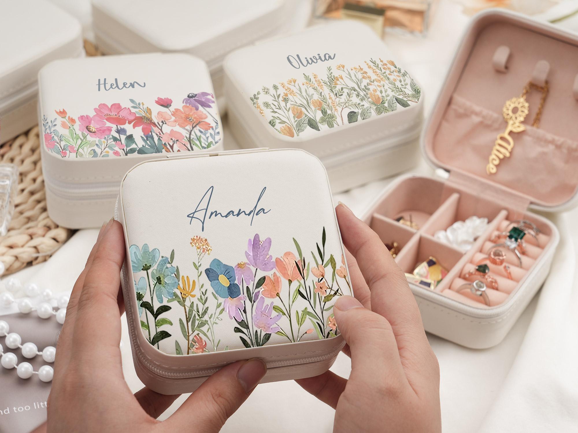 Personalized Floral Leather Travel Jewelry Box