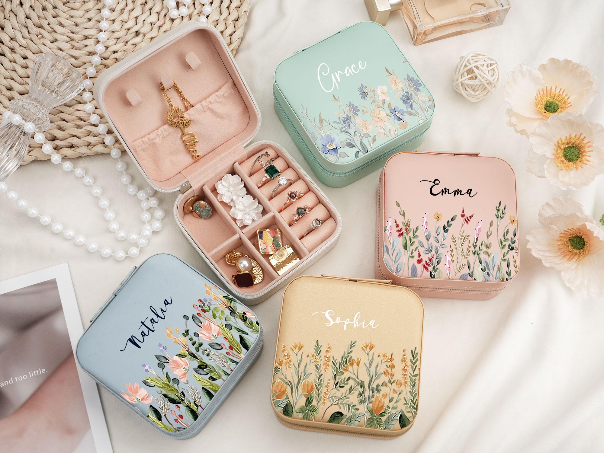 Personalized Floral Leather Travel Jewelry Box